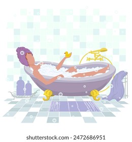 Young girl in a bath with foam. Bathroom. Spa therapy at home. Relaxation. Yellow rubber duck in bathtub. Vector illustration.