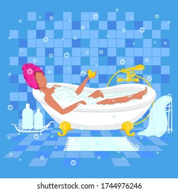 Young girl in a bath with foam. Blue bathroom. Spa therapy at home. Relaxation. Yellow rubber duck in bathtub. Vector illustration.