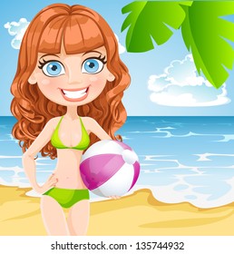 Young girl in a bathing suit with an inflatable ball on sunny beach