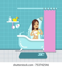 Young girl in bathroom home interior with shower, bath vector illustration. Cartoon beauty female in bathroom or shower