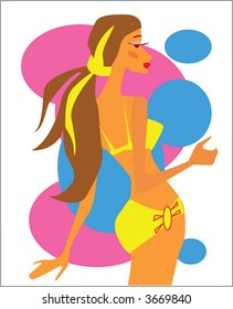 Young girl at the beach. Vector cartoon illustration.