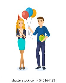 Young girl in beautiful attire, at a birthday party drinking wine next to it there is a guy in whose hands balloons and a gift. Cartoon vector illustration isolated on white background.