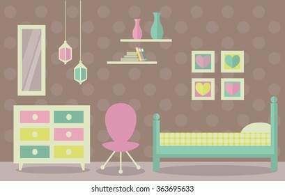 Young girl bedroom vector. Flat design home interior.