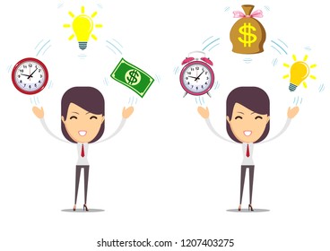 Young girl before movement objects in business. Stock flat vector illustration.
