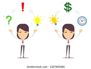 Young girl before movement objects in business. Stock flat vector illustration.