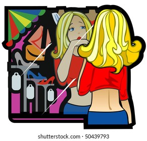 young girl before a shop show-window
