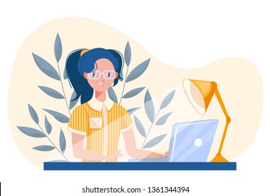 Young girl behind a laptop, on the table lamp, behind her plants. Work at home, cavorking, freelancing, student preparing for the exam. Vector illustration in the style of flat 