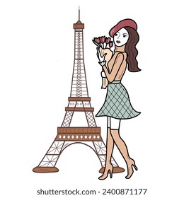 Young girl in beret with bouquet on a background with Eiffel Tower in Paris. Vector flat illustration isolated.