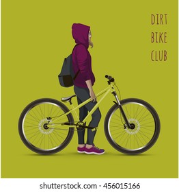 Young girl with a bicycle. Background with text and green color. Vector Illustration.
