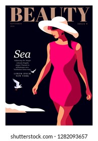 Young girl in big hat, walking on the night beach. Woman fashion magazine cover design for the summer holiday season. Vector illustration