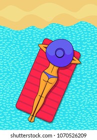 young girl in bikini and hat lies on mattress in sea near beach. summer poster. summertime