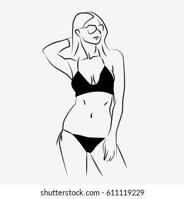 Young girl in bikini isolated. Black and white flat vector illustration