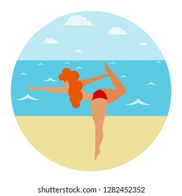 Young girl in a bikini on a beske by the sea is engaged in physical exercise Young woman Yoga. Seashore and sporty young lady Vector illustration of active lifestyle, summer holidays and vacation