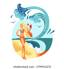Young girl in bikini take selfie at beach and suddenly high wave gets into photo. Woman takes pictures, get funny shot. Vector character illustration of spoiled photo concept, photography hobby