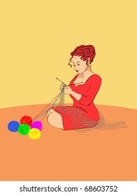 young girl binds knitting threads