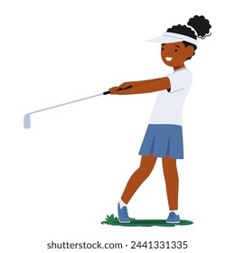 Personaje Joven Negra, Enfocada Y Equilibrada, Balancea Su Club De Golf Con Precisión, Apuntando Al Verde Lejano. Jugador De Golf Infantil Afroamericano. Ilustración vectorial de personas de dibujos animados