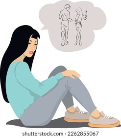 A young girl with black hair sits on the floor. The girl dreams of big and bright love. The girl is thoughtful and sad..