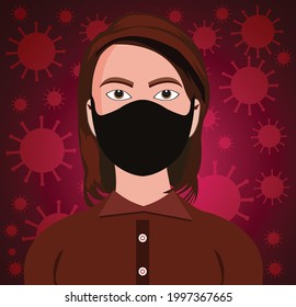 young girl in a black mask isolated on a coronavirus red background. Young woman vector.