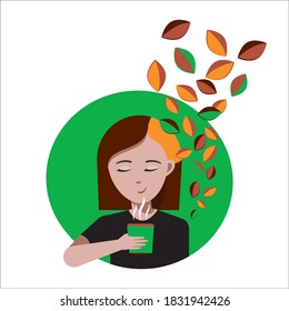Young girl  in black shirt with closed eyes smells and drinks hot tea, coffee or any other drink among autumn leaves falls. 
She holds a paper cup or mug in her hand and smiles.