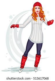 A young girl with blond hair and a knitted sweater skating on the rink. Vector clip art