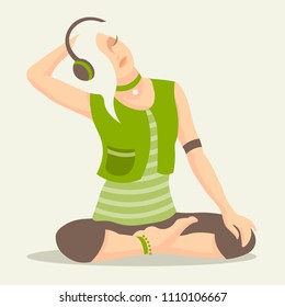 young girl with blond hair listens to music in wireless headphones
