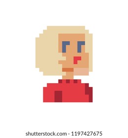 Young girl blonde female character. Pixel art. Flat style. Avatar, portrait, profile picture. Design of 80s. Game assets. 8-bit. Isolated vector illustration.
