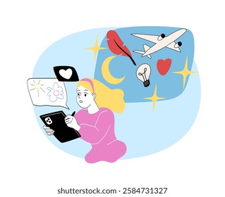 A young girl with blonde hair draws on a tablet, surrounded by imaginative symbols like an airplane, feather, heart, and lightbulb on a blue background