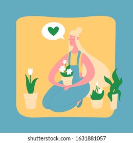 A young girl with blonde hair in a jumpsuit sits and holds a flower in a pot. Respect and love of nature. Flat bright vector illustration, minimal style. T shirt print, postcard, banner design element