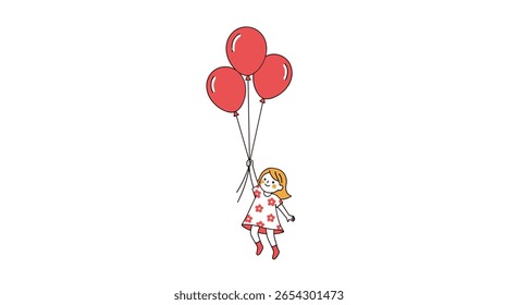 A young girl with blonde hair wearing a red and white polka dot dress is lifted by three red balloons
