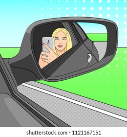 A Young Girl, A Blonde Is Making A Selfie Photo In The Mirror Of A Side View Of A Car. Vector Illustration