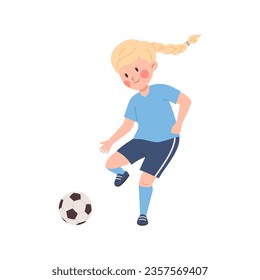 Young girl blonde with pigtail playing soccer, football. Cartoon child in sportswear kicks the soccer ball. Vector illustration isolated on white. Useful healthy sports game, exercise in training