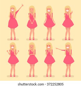 Young girl blonde in a pink dress. Set of different emotions of a beautiful girl in a flat design