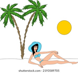 A young girl in a blue bathing suit is resting on the seashore under palm trees.