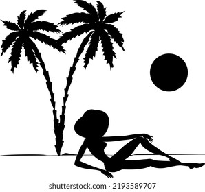 A young girl in a blue bathing suit is resting on the seashore under palm trees.