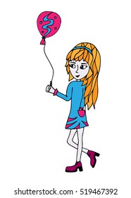 A young girl in blue dress holds a balloon in hands. For coloring book, magazine and other.