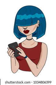 Young girl with blue hair looks at the phone screen