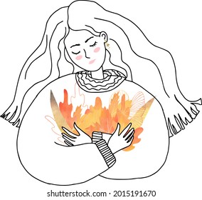 young girl and blush her cheeks in earrings vector line in warm sweater and bouquet autumn leaves art outline isolated sketch