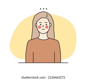 Young girl blushing, feeling shy or embarrassed. Reaction, facial expression, mood concept. Hand drawn thin line style character vector illustrations.