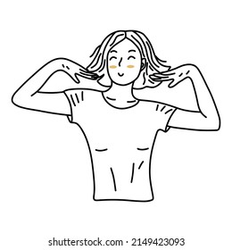 Young girl with a bob playfully brushes her hair to the side. Black and white vector isolated illustration hand drawn
