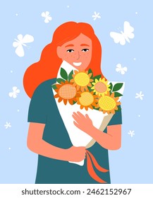 A young girl with a bouquet of flowers in her hands. Red-haired woman holding sunflowers. Sunny warm mood. Vector graphics.