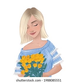 Young girl with a bouquet of flowers. Bouquet of yellow roses.