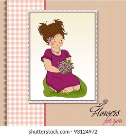 young girl with a bouquet of flowers.birthday greeting card