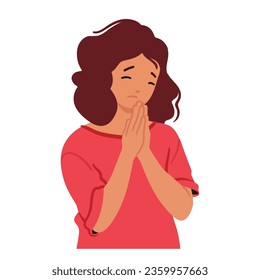 Young Girl Bows In Prayer, Her Eyes Closed And Hands Clasped, Seeking Solace And Connection In A Moment Of Reflection. Female Character Praise God. Cartoon People Vector Illustration