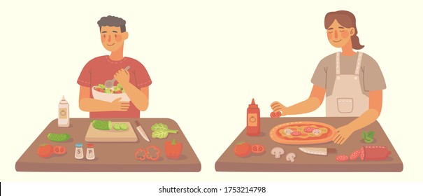 Young girl and boy cooking pizza and salad in kitchen at home. Cooking pizza and salad with ingredients. Vector modern illustration in flat style.