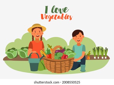 Muchacha y niño en un jardín con una cesta llena de verduras frescas: col, pimienta, tomate, zanahoria, maíz, brócoli y berenjena al estilo de las caricaturas