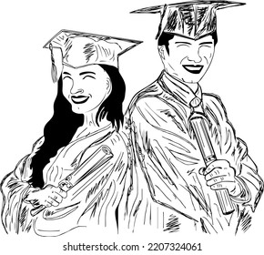 Young girl and boy holding graduation degree outline vector illustration, happy smiling graduates in graduation gown holding diplomas sketch drawing silhouette, graduation clip art cartoon doodle