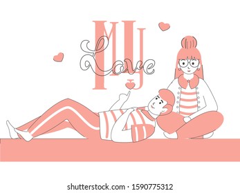 Young Girl with Boy Lying Down Hand Showing to My Love Text on White Background.