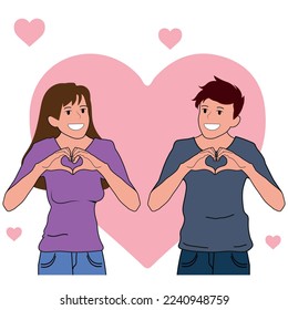 young girl and young boy make a heart with their hands, couple in love, valentine concept.