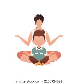 A young girl and a boy of preschool age are sitting doing meditation. Isolated. Cartoon style. Vector illustration