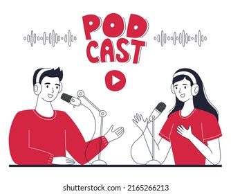 Junge Mädchen und Junge nehmen einen Podcast auf, online Radio Show. Menschen mit Kopfhörern unterhalten sich in ein Mikrofon. Das Konzept des Podcasting, Rundfunk.Rahmenförmige doodle Vektorgrafik-Zeichen einzeln auf Weiß